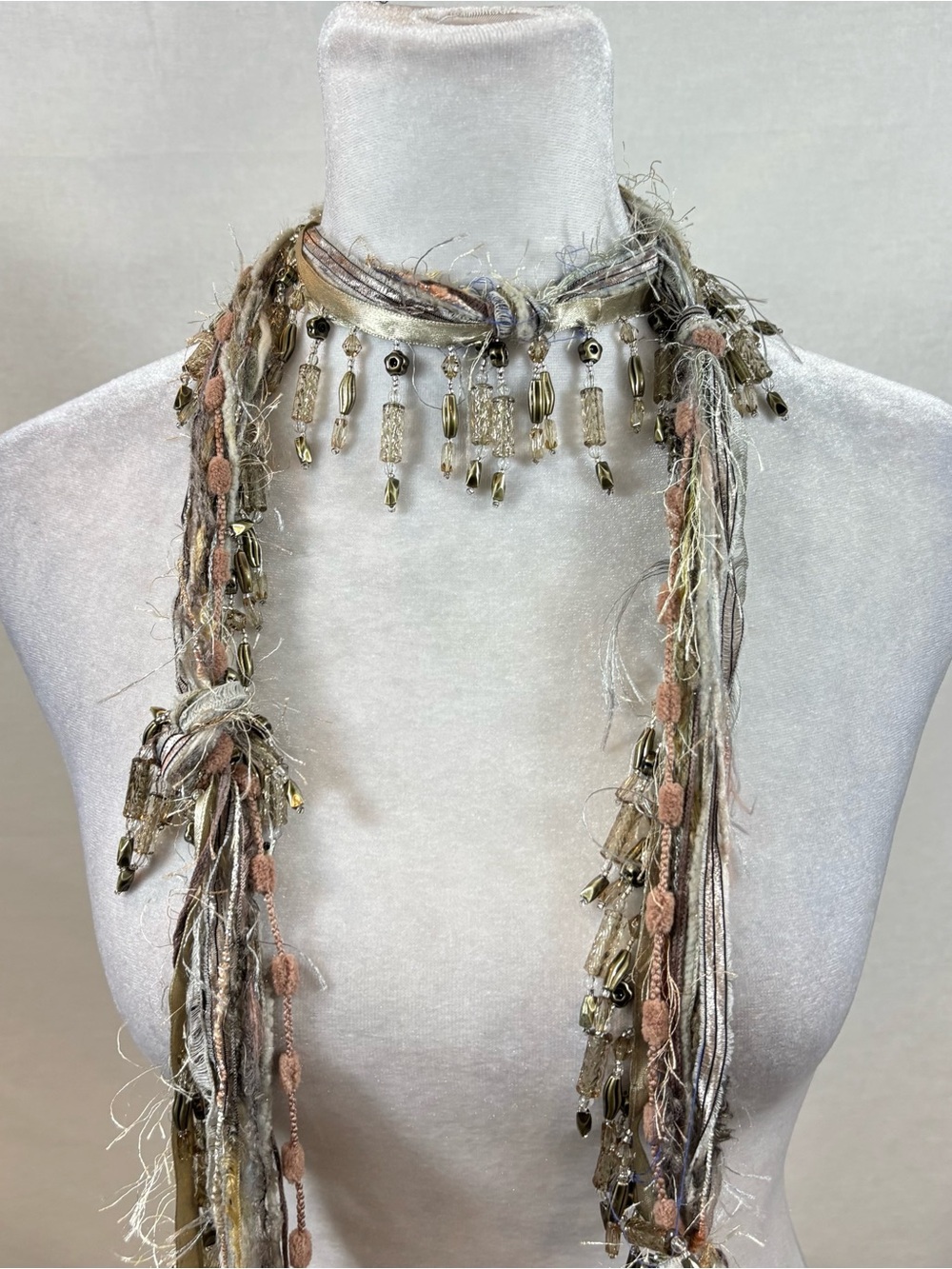 Unique Boho Bead, Ribbon and Mixed Material Thin Scarf - Picture 7 of 8